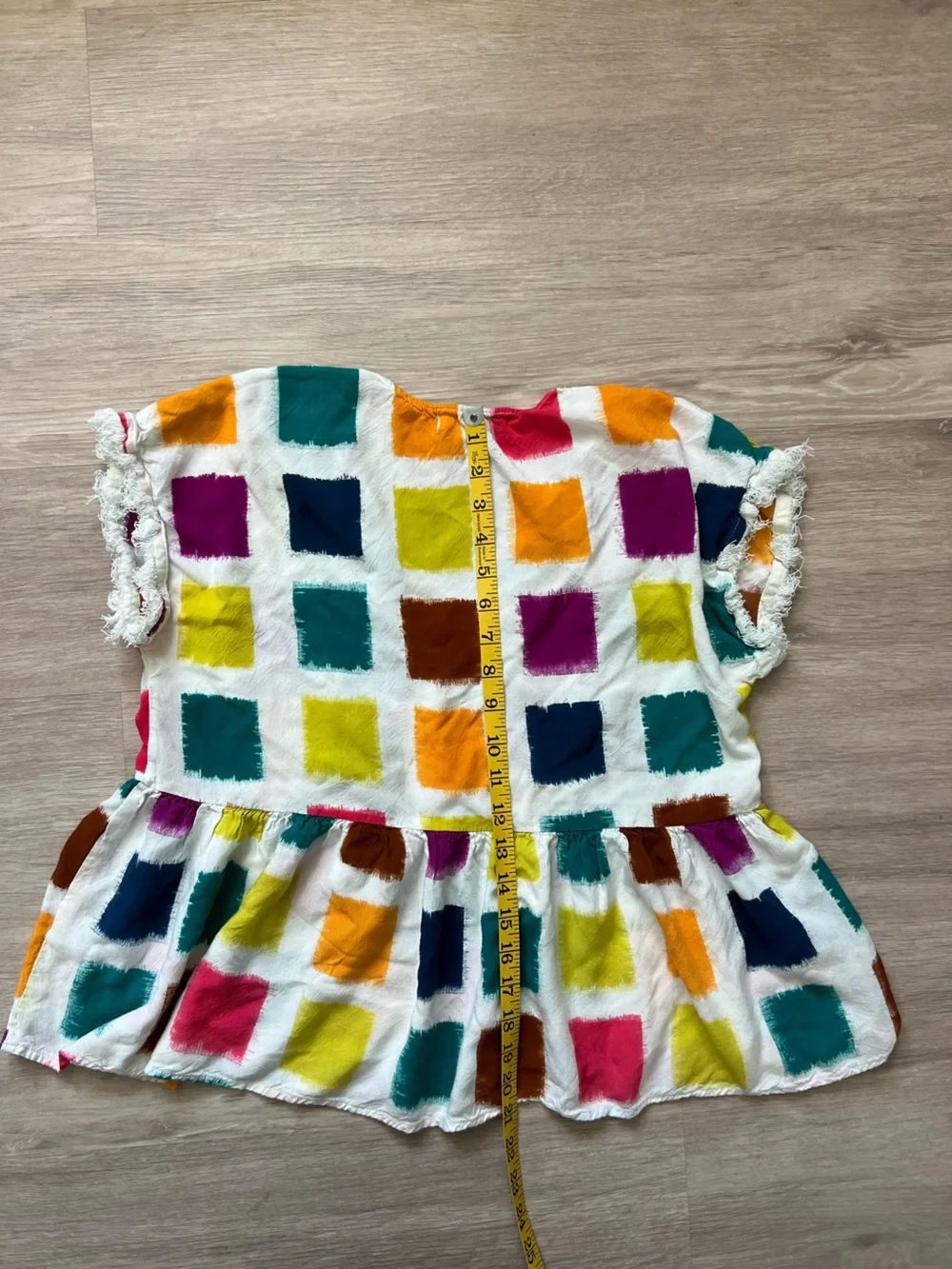 THML Boutique Peplum Top Med Colorblock Checkered Fringe Cap Sleeve - Picture 3 of 6